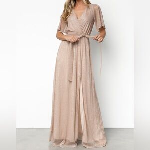 Baltic Born Shimmering Champagne Short Sleeve Slit Maxi Dress NEW